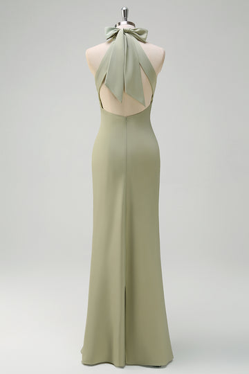 Elegant Sage Halter Mermaid Satin Floor Length Bridesmaid Dress